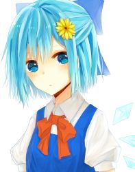 Rule 34 | 1girl, bad id, bad pixiv id, blue hair, blush, bow, cirno, detached wings, flower, hair bow, hair ornament, ice, ice wings, naran, puffy sleeves, short hair, short sleeves, solo, symbol-shaped pupils, touhou, white background, wings