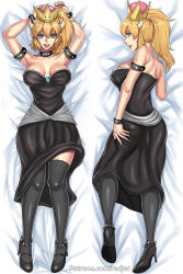 Rule 34 | 1girl, armlet, armpits, ass grab, back, backless dress, backless outfit, bad id, bad pixiv id, bare shoulders, black dress, black footwear, black thighhighs, blonde hair, blue eyes, blue gemstone, bowsette, bracelet, breasts, cleavage, clothes lift, dakimakura (medium), dress, dress lift, forked eyebrows, full body, gem, grabbing own ass, high heels, horns, jewelry, large breasts, long hair, looking at viewer, lying, mario (series), multiple views, new super mario bros. u deluxe, nintendo, no bra, on side, on stomach, open mouth, pointy ears, ponytail, redjet, smile, spiked armlet, spiked bracelet, spikes, super mario bros. 1, thick eyebrows, thighhighs, watermark, web address, wide hips