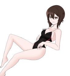 Rule 34 | 1girl, absurdres, artist name, bluff260, breasts, brown eyes, brown hair, cleavage, closed mouth, collarbone, female focus, girls und panzer, groin, highres, large breasts, looking at viewer, nishizumi maho, short hair, simple background, smile, solo, swimsuit, white background