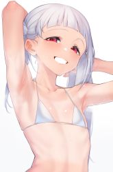 Rule 34 | 1girl, :d, arashi chisato, armpit lips, armpits, arms up, bikini, blunt bangs, blush, collarbone, ear blush, flat chest, grey hair, grin, highres, long hair, love live!, love live! superstar!!, nasuno (nasuno42), open mouth, parted lips, red eyes, revision, simple background, smile, solo, steaming body, string bikini top, sweat, swimsuit, tan, tanline, teeth, twintails, upper body, white background, white bikini
