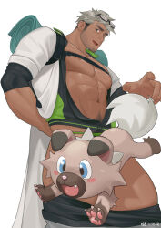 Rule 34 | 1boy, abs, alternate skin color, bara, bare pectorals, beard, censored, character censor, chest harness, clothes pull, coat, creatures (company), cum, cum string, dark-skinned male, dark skin, erection, eyewear on head, facial hair, feet out of frame, frde, game freak, gen 7 pokemon, glasses, harness, highres, jacket, large pectorals, large penis, looking at viewer, male focus, male pubic hair, mature male, muscular, muscular male, navel, navel hair, nintendo, nipples, novelty censor, open clothes, open coat, open jacket, pants, pants pull, pectoral press, pectorals, penis, pokemon, pokemon go, pubic hair, rockruff, short hair, sideburns, smile, solo, standing, stomach, stubble, tan, tanline, testicles, thick thighs, thighs, uncensored, unzipped, veins, veiny penis, white coat, willow (pokemon)