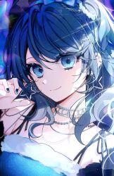Rule 34 | 1girl, bare shoulders, black ribbon, blue bow, blue eyes, blue hair, blue nails, bow, chain, chain necklace, earrings, hair ornament, hairclip, highres, hoshino ichika (project sekai), jewelry, necklace, opal, project sekai, ribbon, smile, spaghetti strap, star (symbol), star earrings, star hair ornament