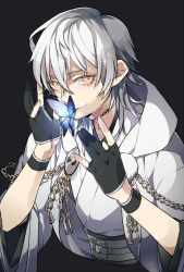 Rule 34 | 10s, 1boy, bad id, bad pixiv id, bug, butterfly, gloves, hood, insect, japanese clothes, kiragera, male focus, partially fingerless gloves, pom pom (clothes), simple background, smile, solo, touken ranbu, tsurumaru kuninaga, white hair, yellow eyes