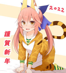 Rule 34 | 1girl, 2022, :d, aged down, akeome, all fours, animal costume, animal ear fluff, animal ears, animal print, blue ribbon, brown eyes, chinese zodiac, collarbone, commentary request, fang, fate/extra, fate (series), fox ears, fox girl, hair between eyes, hair ribbon, happy new year, haryuu (poetto), highres, hood, hood down, long hair, looking at viewer, new year, open mouth, pink hair, ribbon, simple background, smile, solo, tail, tamamo (fate), tamamo no mae (fate/extra), tiger costume, tiger print, tiger tail, translated, twintails, year of the tiger