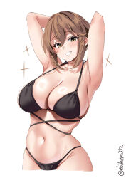 Rule 34 | 1girl, armpits, arms behind head, arms up, bare shoulders, bikini, black bikini, blush, breasts, brown hair, collarbone, ebifurya, grin, hair between eyes, highres, kantai collection, large breasts, looking at viewer, mutsu (kancolle), navel, one-hour drawing challenge, short hair, sidelocks, simple background, skindentation, smile, solo, sparkle, stomach, strap gap, string bikini, swimsuit, twitter username, white background