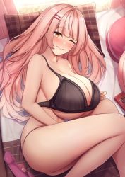 Rule 34 | 1girl, amano roze, bare shoulders, black bra, blush, bra, breasts, brown eyes, cleavage, closed mouth, dildo, food, from above, hair ornament, hairclip, highres, huge breasts, kannko bokujou, long hair, one eye closed, original, pillow, pink hair, pocky, remote control vibrator, sex toy, solo, thighs, underwear, vibrator