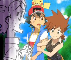 Rule 34 | 1girl, 3boys, ash ketchum, baseball cap, black hair, black vest, blue sky, blue vest, brown hair, color drain, cosmo (465lilia), creatures (company), eye contact, game freak, gary oak, gen 1 pokemon, genderswap, genderswap (mtf), goh (pokemon), green eyes, grin, hat, highres, holding another&#039;s arm, jewelry, looking at another, multiple boys, necklace, nintendo, on head, outdoors, pikachu, pokemon, pokemon (anime), pokemon (creature), pokemon on head, pokemon journeys, red headwear, shirt, short hair, sky, smile, spiked hair, surprised, upper body, vest, white shirt