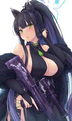 Rule 34 | 1girl, animal ears, black hair, blue archive, blunt bangs, breasts, bridal gauntlets, bunching hair, china dress, chinese clothes, cleavage, cleavage cutout, clothing cutout, detached sleeves, dress, fur trim, green eyes, gun, highres, holding, holding gun, holding weapon, large breasts, long hair, ponytail, shun (blue archive), sideboob, solo, waa! okami, weapon