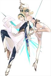 Rule 34 | 1boy, 1girl, aonogura, armlet, ass, black shirt, blonde hair, blue eyes, bracelet, breasts, bridal gauntlets, brother and sister, castor (fate), closed mouth, diadem, expressionless, fate/grand order, fate (series), high heels, highres, jewelry, legs, looking at viewer, medium hair, pollux (fate), robe, sandals, sash, shirt, short hair, siblings, simple background, small breasts, sword, twins, weapon, white background, white robe