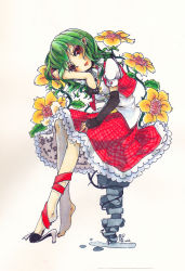 Rule 34 | 1girl, :o, absurdres, asawa ei, barefoot, black necktie, dress, female focus, flower, full body, green hair, head rest, highres, kazami yuuka, leg ribbon, looking at viewer, necktie, parted lips, pointy ears, red dress, red eyes, ribbon, shoes, simple background, single shoe, sitting, solo, stool, tareme, touhou, traditional media, white background, yellow background