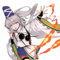 Rule 34 | 1girl, :o, ast.rockett, blue eyes, blue skirt, bridal gauntlets, casting spell, fire, grey hair, hair ribbon, hat, highres, japanese clothes, kariginu, layered clothes, layered sleeves, looking to the side, mononobe no futo, pom pom (clothes), ponytail, ribbon, ribbon-trimmed sleeves, ribbon trim, short hair, simple background, skirt, tate eboshi, thick eyebrows, touhou, very short hair, white background, wide sleeves
