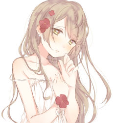 Rule 34 | 10s, 1girl, bad id, bad pixiv id, blush, brown hair, camisole, earrings, flower, hair flower, hair ornament, hand on own chest, hand to own mouth, highres, jewelry, long hair, love live!, love live! school idol project, minami kotori, minami kotori&#039;s mother, nerunnn, off shoulder, sketch, solo, upper body, white background, yellow eyes
