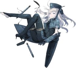 Rule 34 | 10s, 1girl, blonde hair, full body, garrison cap, hat, kantai collection, long hair, machinery, military, military hat, military uniform, official art, pale skin, shimada fumikane, solo, thighhighs, torn clothes, torpedo, transparent background, u-511 (kancolle), uniform