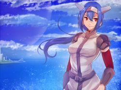 Rule 34 | 1girl, arm warmers, armor, blue hair, blue sky, bogus witch, cloud, cloudy sky, crosscode, day, hair between eyes, helmet, lea (crosscode), light smile, long hair, looking at viewer, moon, ocean, outdoors, ponytail, red eyes, scar, scar on face, scar on nose, science fiction, shoulder armor, sidelocks, sky, solo, pauldrons, standing