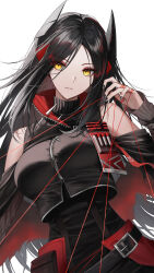 Rule 34 | 1girl, arknights, belt, black hair, black jacket, black nails, black skirt, black vest, commentary, demon girl, frown, hand up, highres, ines (arknights), jacket, long hair, looking at viewer, nail polish, pouch, roki (shouka65), simple background, skirt, slit pupils, solo, string, vest, white background, yellow eyes