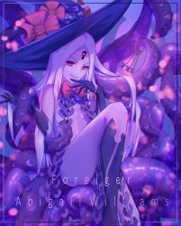 Rule 34 | 1girl, abigail williams (fate), bare shoulders, black bow, black hat, black panties, bow, breasts, character name, colored skin, english text, fate/grand order, fate (series), forehead, glowing, glowing eye, grin, hat, highres, key, keyhole, knee up, long hair, multiple bows, orange bow, panties, parted bangs, red eyes, sawarineko, sharp teeth, sitting, small breasts, smile, solo, teeth, tentacles, third eye, underwear, white hair, white skin, witch hat