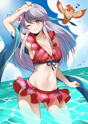 Rule 34 | 1girl, ;d, arm up, armpits, bare shoulders, bikini, bikini skirt, bird, blue scarf, breasts, cleavage, collarbone, fe135700, fire emblem, fire emblem: radiant dawn, fire emblem heroes, flower, front-tie top, grey hair, groin, hair flower, hair ornament, hair ribbon, half updo, highres, long hair, medium breasts, micaiah (fire emblem), micaiah (summer) (fire emblem), miniskirt, musical note, navel, nintendo, one eye closed, open mouth, partially submerged, red bikini, ribbon, scarf, skirt, smile, solo, swimsuit, towel, water, yellow eyes, yune (fire emblem)