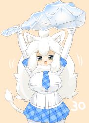Rule 34 | 1girl, ahoge, animal ear fluff, animal ears, arms up, blue necktie, blue skirt, blush, breasts, club (weapon), commentary request, cowboy shot, elbow gloves, gloves, grey eyes, highres, holding, holding club, holding weapon, ice, kemono friends, large breasts, lets0020, lion ears, lion girl, lion tail, long hair, looking at viewer, medium bangs, miniskirt, necktie, numbered, open mouth, plaid, plaid necktie, plaid skirt, pleated skirt, shirt, simple background, skirt, smile, solo, tail, weapon, white gloves, white hair, white lion (kemono friends), white shirt, yellow background