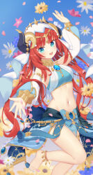 Rule 34 | 1girl, :d, absurdres, arm up, bare shoulders, barefoot, blue bow, blue eyes, blue nails, blue sky, blush, bow, breasts, commentary request, crop top, day, detached sleeves, fake horns, flower, fufumi, genshin impact, highres, horns, long sleeves, looking at viewer, medium breasts, nail polish, navel, nilou (genshin impact), open mouth, outdoors, petals, pink flower, puffy long sleeves, puffy sleeves, purple flower, red hair, sky, smile, solo, teeth, toenail polish, toenails, upper teeth only, veil, white flower, white sleeves, yellow flower