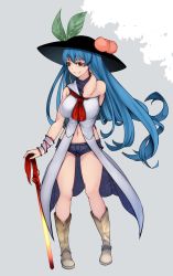 Rule 34 | 1girl, alternate costume, aoshima, arm behind head, bangle, bare shoulders, blue hair, boots, bracelet, breasts, commentary request, food, fruit, full body, grin, hat, highres, hinanawi tenshi, jewelry, large breasts, long hair, looking at viewer, navel, peach, red eyes, red neckwear, shirt, short shorts, shorts, sleeveless, sleeveless shirt, smile, solo, sword, sword of hisou, thighs, touhou, very long hair, weapon