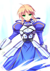 Rule 34 | 1girl, ahoge, armor, armored dress, artoria pendragon (fate), blonde hair, dress, fate/stay night, fate (series), faulds, gauntlets, green eyes, hair ribbon, highres, juliet sleeves, ka2, long sleeves, puffy sleeves, ribbon, saber (fate), solo