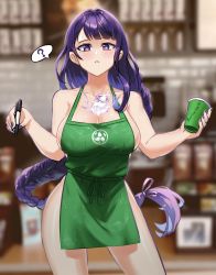 Rule 34 | 1girl, ?, alternate costume, apron, artist name, blunt bangs, blurry, blurry background, blush, bottle, braid, breasts, burnt green tea, cleavage, commentary, cup, disposable cup, electricity, english commentary, genshin impact, green apron, highres, iced latte with breast milk (meme), large breasts, long hair, looking at viewer, low-braided long hair, low-tied long hair, meme, mitsudomoe (shape), mole, mole under eye, nail polish, naked apron, pen, purple eyes, purple hair, purple nails, raiden shogun, shelf, shiny skin, solo, spoken question mark, thighs, tomoe (symbol), upper body