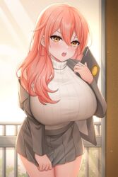Rule 34 | amane rui, blush, breasts, game cg, holding clothes, holding skirt, huge breasts, indoors, leaning forward, looking at viewer, nijigen kanojo, pink hair, skirt, teacher, window