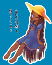 Rule 34 | 1girl, absurdres, barefoot, blue background, blue eyes, bow, brown hair, dark skin, dress, feet, hantoumei namako, hat, highres, long hair, one eye closed, open mouth, sailor dress, simple background, straw hat, text focus, translation request, very long hair