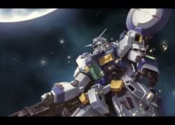 Rule 34 | beam rifle, commentary request, energy gun, fake screenshot, green eyes, gun, gundam, gundam gp-00 blossom, holding, holding gun, holding weapon, joints, letterboxed, mecha, mecha request, mobile suit gundam, no humans, planet, rifle, robot, science fiction, sky, space, star (sky), star (symbol), starry sky, tyuga, weapon