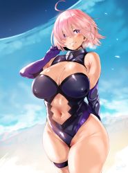 Rule 34 | 1girl, absurdres, ahoge, bad id, bad pixiv id, bare shoulders, blush, breasts, cleavage, elbow gloves, covered erect nipples, fate/grand order, fate (series), gloves, grin, groin, hair over eyes, hero neisan, highres, large breasts, long hair, mash kyrielight, navel, pink hair, purple eyes, purple gloves, short hair, smile, solo, thigh strap, thighs