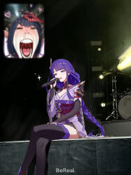 Rule 34 | 3girls, armor, bereal, bird mask, black thighhighs, breasts, commentary, concert, crossed legs, drum, drum set, english commentary, fan screaming at madison beer (meme), feet out of frame, genshin impact, highres, holding, holding microphone, inset, instrument, japanese clothes, juffles, kimono, kujou sara, long braid, long hair, mask, mask on head, medium breasts, meme, microphone, multiple girls, music, open mouth, photo background, purple eyes, purple hair, purple kimono, raiden shogun, screaming, shoulder armor, singing, sitting, thighhighs, very long hair, yae miko