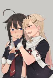 Rule 34 | 10s, 2girls, :d, ahoge, black gloves, black hair, black serafuku, blonde hair, blue eyes, blush, braid, choker, eye contact, fang, female focus, fingerless gloves, gloves, grabbing another&#039;s chin, grey background, hair flaps, hair ornament, hair over shoulder, hairclip, half-closed eyes, hand on another&#039;s chin, hand on another&#039;s shoulder, highres, kantai collection, long hair, looking at another, looking to the side, multiple girls, neck, neckerchief, open mouth, parted lips, red eyes, red neckerchief, scarf, school uniform, serafuku, shigure (kancolle), short sleeves, single braid, smile, upper body, wataro (watawatawatapon), yuri, yuudachi (kancolle)