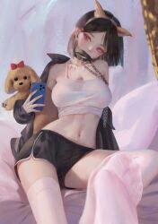 Rule 34 | 1girl, absurdres, animal ears, black hair, breasts, camisole, chain, chain leash, collar, commentary request, fake animal ears, fangs, highres, holding, holding phone, jacket, jewelry, large breasts, leash, mouth hold, navel, navel piercing, necklace, nekobell, off shoulder, open clothes, open jacket, original, phone, piercing, red eyes, short hair, shorts, solo, stuffed animal, stuffed dog, stuffed toy, thighhighs, tooth necklace, white camisole, white thighhighs