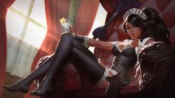 Rule 34 | 1girl, alternate costume, black hair, black thighhighs, cat, dark-skinned female, dark skin, drink, duster, facial mark, feather duster, finger to mouth, forehead mark, french maid nidalee, league of legends, maid, maid headdress, nidalee, official art, riot games, thighhighs