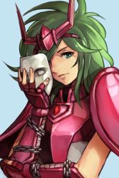 Rule 34 | 1boy, androgynous, andromeda shun, armor, bishounen, fingerless gloves, gloves, green eyes, green hair, hungry clicker, long hair, looking at viewer, male focus, mask, saint seiya, simple background, solo, upper body