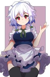 Rule 34 | 1girl, absurdres, apron, arm up, black thighhighs, blue dress, blush, border, breasts, closed mouth, collared shirt, commentary request, dress, feet out of frame, frilled apron, frilled dress, frills, green neckwear, green ribbon, hair ribbon, highres, izayoi sakuya, knees out of frame, light brown background, looking at viewer, maid, maid apron, maid headdress, medium breasts, puffy short sleeves, puffy sleeves, rafa (rafua kz), red eyes, ribbon, shirt, short hair with long locks, short sleeves, silver hair, simple background, solo, standing, thighhighs, touhou, tress ribbon, waist apron, white apron, wing collar