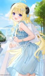 Rule 34 | :d, ahoge, alternate costume, animal ears, backpack, bag, blonde hair, blue dress, blue sky, braid, breasts, commentary request, copyright notice, dress, flower, frilled dress, frills, from side, fuumi (radial engine), hair flower, hair ornament, hairclip, half up braid, hololive, horns, knees out of frame, large breasts, long hair, looking at viewer, ocean, official art, open mouth, outdoors, purple eyes, sheep ears, sheep girl, sheep horns, shell hair ornament, sky, sleeveless, sleeveless dress, smile, standing, star (symbol), star hair ornament, starfish hair ornament, sundress, tree, tsunomaki watame, very long hair, white bag