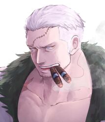 Rule 34 | 1boy, bara, coat, facial hair, highres, large pectorals, looking at viewer, male focus, mature male, medium sideburns, muscular, muscular male, one piece, pectoral cleavage, pectorals, scar, scar on face, scar on forehead, short hair, sideburns stubble, smoker (one piece), smoking, solo, sparse stubble, stitches, stubble, tsurime, white hair, yamakazi47