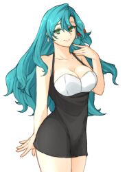 Rule 34 | 1girl, absurdres, blue hair, bow, braid, breasts, chloe (fire emblem), collarbone, dress, earrings, fire emblem, fire emblem engage, green eyes, hair between eyes, hair bow, highres, jewelry, large breasts, long hair, looking at viewer, nintendo, smile, solo, thighs, tridisart, white background