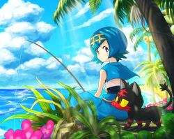 Rule 34 | 1girl, absurdres, alolan exeggutor, alolan form, blue eyes, blue hair, blue pants, bright pupils, cloud, commentary request, creatures (company), day, fishing line, fishing rod, flower, game freak, gen 7 pokemon, hairband, highres, kunimaki, lana (pokemon), litten, looking at viewer, looking back, nintendo, no sclera, one-piece swimsuit, outdoors, palm tree, pants, pink flower, pokemon, pokemon (creature), pokemon sm, shirt, short hair, sitting, sky, sleeveless, sleeveless shirt, swimsuit, swimsuit under clothes, tree, white pupils, white shirt, yellow hairband