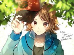 Rule 34 | 1boy, baseball cap, black shirt, blue jacket, blush, brown eyes, brown hair, closed mouth, collarbone, creatures (company), game freak, hand up, happy, hat, hilbert (pokemon), holding, jacket, korean text, leaf, light blush, long sleeves, looking at viewer, looking up, male focus, matching hair/eyes, nintendo, poke ball symbol, poke ball theme, pokemon, pokemon bw, red hat, shirt, short hair, simple background, smile, solo, translation request, upper body, white background, yuhi (hssh 6)