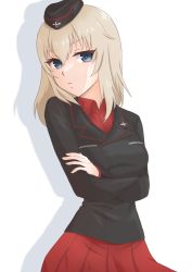 Rule 34 | 1girl, black hat, black jacket, blouse, blue eyes, closed mouth, commentary, crossed arms, dress shirt, frown, garrison cap, girls und panzer, hat, head tilt, highres, insignia, itsumi erika, jacket, kuromorimine military uniform, long sleeves, looking at viewer, medium hair, military, military hat, military uniform, pleated skirt, red shirt, red skirt, rei (happily-blue-butterfly), shadow, shirt, simple background, skirt, solo, standing, uniform, white background, wing collar
