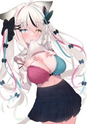 Rule 34 | 1girl, ahoge, animal ears, black bow, black hair, blue bra, blue eyes, blue hair, blue skirt, blush, bow, bra, breasts, cat ears, cleavage, closed mouth, clothes lift, commentary request, detached sleeves, eip (pepai), hair between eyes, hair bow, hair ornament, hands on own chest, heterochromia, highres, large breasts, lifting own clothes, long hair, looking at viewer, mouth hold, multicolored hair, original, paid reward available, pink bra, pink hair, plaid, plaid skirt, pleated skirt, rabbit hair ornament, shirt lift, simple background, skirt, solo, standing, streaked hair, tearing up, twintails, two-tone bra, underwear, very long hair, white hair, x hair ornament, yellow eyes