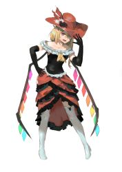 Rule 34 | 1girl, adapted costume, ascot, bare shoulders, black gloves, boots, cross, crystal, elbow gloves, fang, flandre scarlet, gloves, hat, high heels, highres, inverted cross, medium hair, one side up, pointy ears, red eyes, red hat, showgirl skirt, simple background, sleeveless, smile, solo, teasmacker, thigh boots, thighhighs, touhou, white background, white footwear, wings, yellow ascot