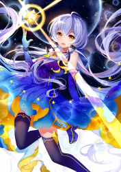 Rule 34 | 1girl, :d, bison cangshu, black thighhighs, blue hair, blush, constellation, dress, elbow gloves, fingerless gloves, gloves, hair ribbon, lens flare, long hair, low twintails, open mouth, planet, ribbon, sidelocks, sky, smile, solo, star (sky), star (symbol), starry sky, thighhighs, twintails, very long hair, vocaloid, xingchen, yellow eyes
