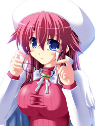 Rule 34 | 1girl, aty, aty (summon night), blue eyes, blush, breasts, unworn eyewear, futaba shion, glasses, hat, holding, holding removed eyewear, huge breasts, large breasts, long hair, long sleeves, looking at viewer, pink hair, ribbed sweater, simple background, solo, summon night, summon night 3, sweater, upper body, utanone shion, white background
