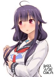 Rule 34 | 1girl, ahoge, animal print, blue sailor collar, commentary request, fish print, hair flaps, hair ornament, highres, kantai collection, looking to the side, low twintails, magatama, neckerchief, one-hour drawing challenge, owa (ishtail), purple hair, red eyes, sailor collar, school uniform, serafuku, sideways glance, solo, taigei (kancolle), twintails, upper body, whale hair ornament, whale print
