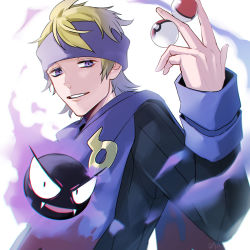 Rule 34 | 1boy, black sweater, blonde hair, commentary request, creatures (company), game freak, gastly, gen 1 pokemon, gym leader, hand up, headband, highres, holding, holding poke ball, long sleeves, male focus, medium hair, morty (pokemon), nintendo, parted lips, poke ball, poke ball (basic), pokemon, pokemon (creature), pokemon hgss, purple eyes, purple headband, purple scarf, ribbed sweater, scarf, smile, sweater, upper body, yori (ito haruki)