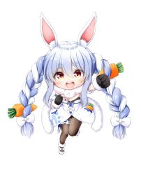 Rule 34 | 1girl, :d, animal ear fluff, animal ears, black gloves, black leotard, blue hair, blush, bow, braid, brown pantyhose, carrot hair ornament, chibi, clenched hand, commentary request, don-chan (usada pekora), dress, food-themed hair ornament, full body, fur-trimmed dress, fur-trimmed gloves, fur trim, gloves, hair between eyes, hair bow, hair ornament, highres, hololive, hololive fantasy, kuena, leotard, looking at viewer, multicolored hair, open mouth, outstretched arm, pantyhose, rabbit ears, red eyes, shoes, short eyebrows, simple background, smile, standing, standing on one leg, strapless, strapless dress, strapless leotard, teeth, thick eyebrows, twin braids, twintails, two-tone hair, upper teeth only, usada pekora, usada pekora (1st costume), virtual youtuber, white background, white bow, white dress, white footwear, white hair