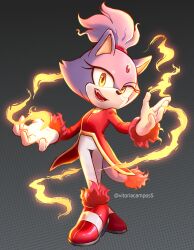 Rule 34 | 1girl, animal ears, artist name, blaze the cat, burning blaze, cat ears, cat tail, furry, furry female, gloves, highres, jacket, looking at viewer, open mouth, red footwear, red jacket, shoes, simple background, smile, solo, sonic (series), sonic rush, tail, vitoriacampos, watermark, white gloves